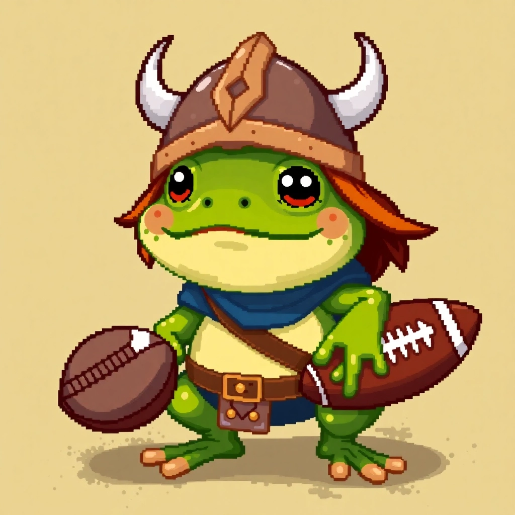 Cute frog dressed as a viking, playing American football, 8bit pixel art avatar