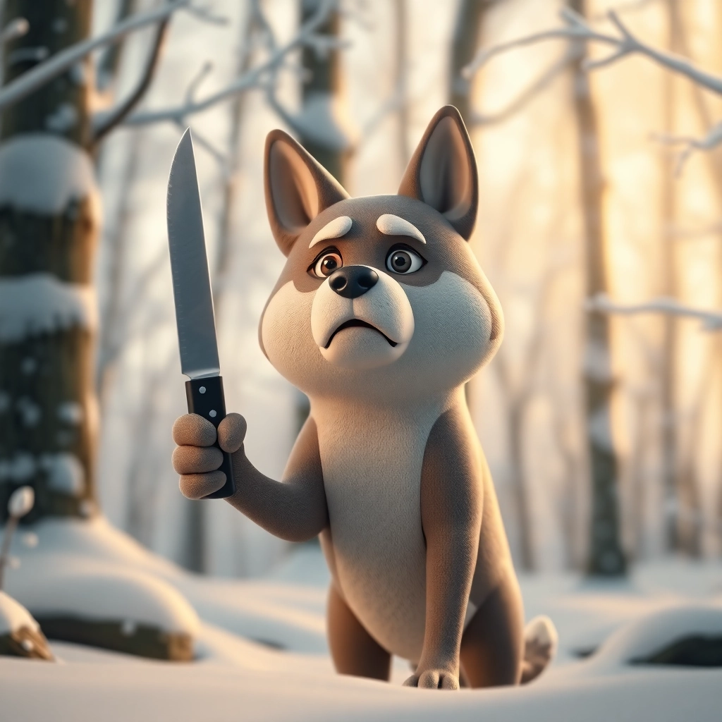 a korean jindo dog with the crestfallen expression of incredulity in a wintery and snowy forest holding up a single knife , 3d claymation