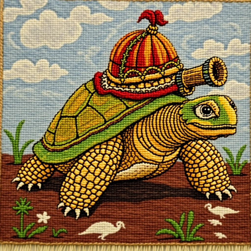 Ancient tapestry of a turtle wearing a cute helmet with a cannon on its back