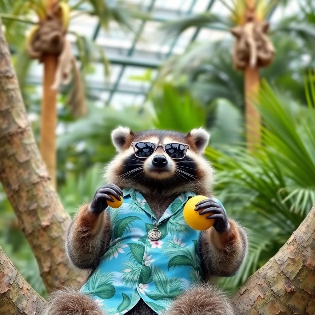 Raccoon vacationing in the tropical pavilion of the Brooklyn botanic garden, wearing a Hawaiian shirt, sunglasses and a pendant necklace, relaxing in a tree, eating tropical fruit.