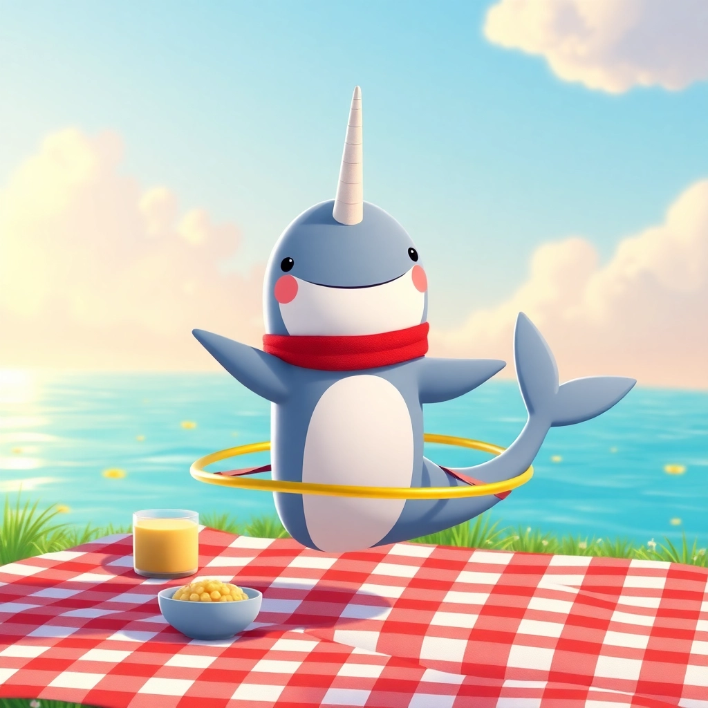 Narwhal hula hooping at a picnic Pixar style