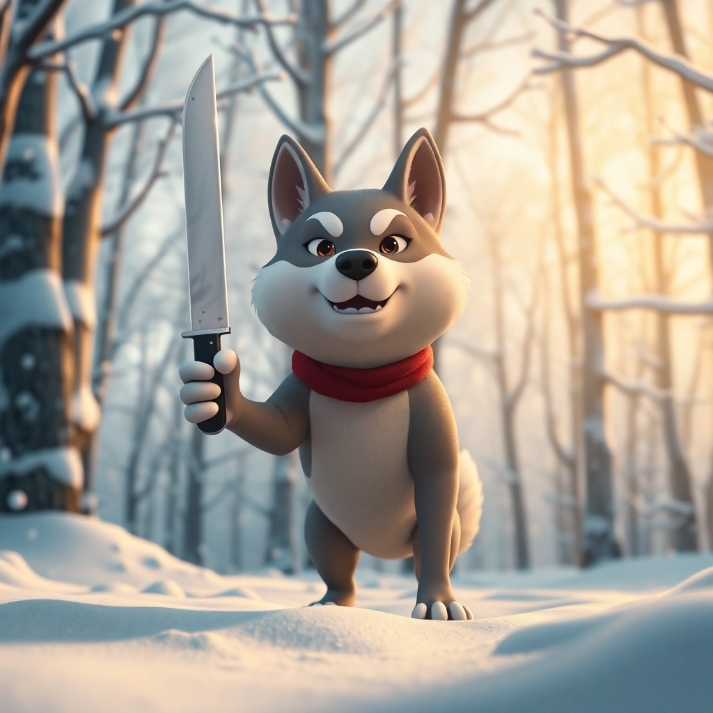 a korean jindo dog in a wintery and snowy forest holding up a single knife menacingly, 3d animation