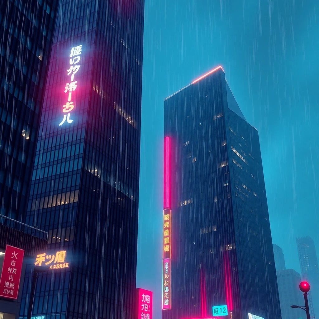 hosaka corporation skyscraper, cyberpunk, neon, rain