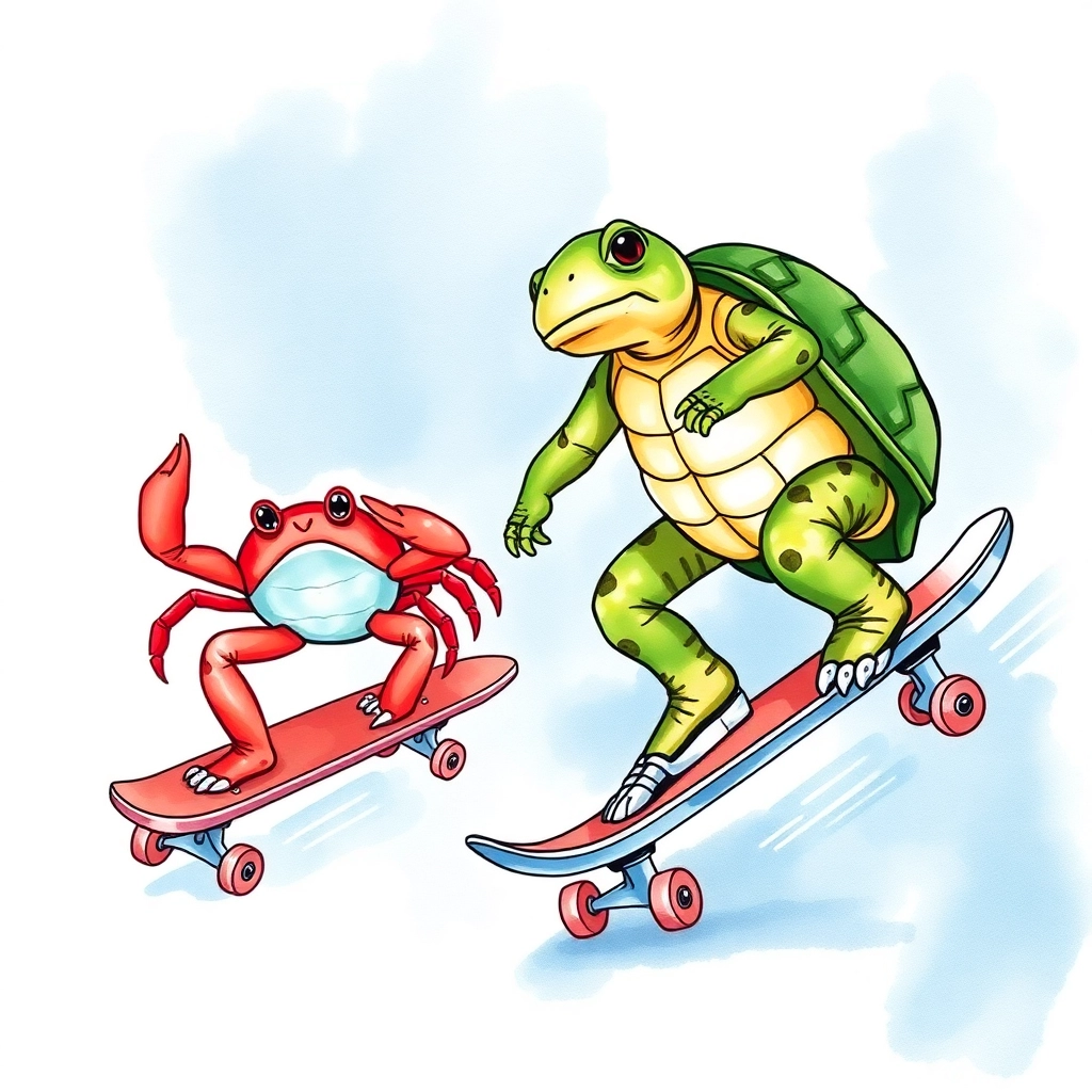 a crab and a turtle riding skateboards, watercolor style