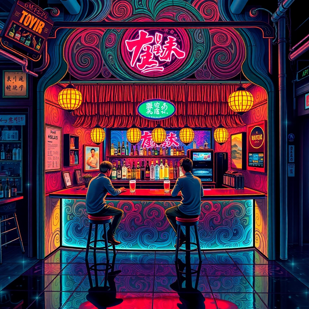 4-person bar in Tokyo, depicted in a psychedelic fractal painting