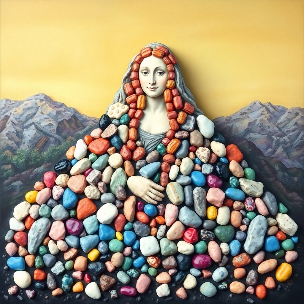 mountain made of candy rocks, painting style of Mona Lisa