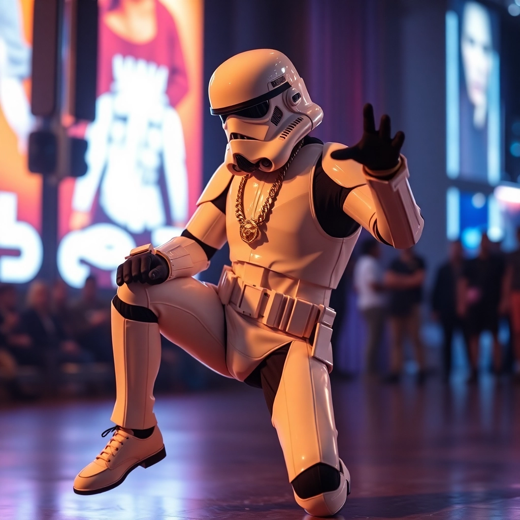breakdancer hip hop stormtrooper with a gold necklace