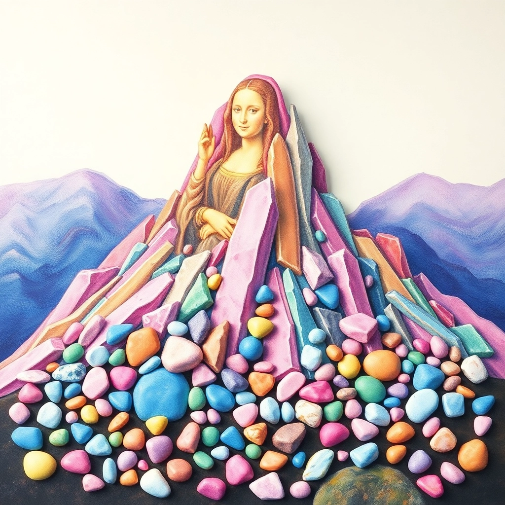 mountain made of candy rocks, pastel drawing style of Mona Lisa