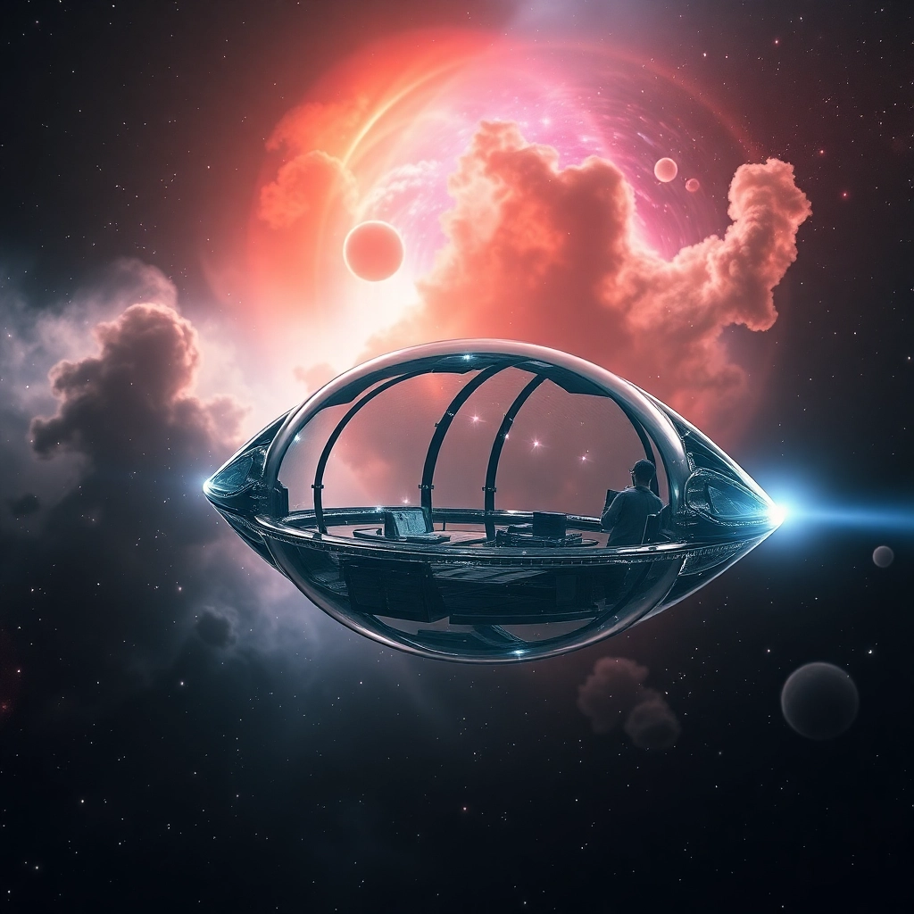 glass spacecraft floating past a nebula