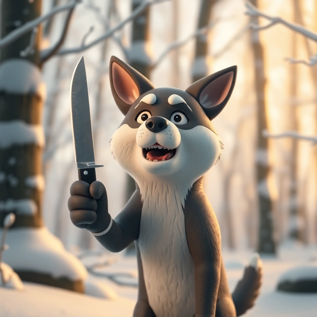 a korean jindo dog with the manic expression of anxiety in a wintery and snowy forest holding up a single knife , 3d claymation