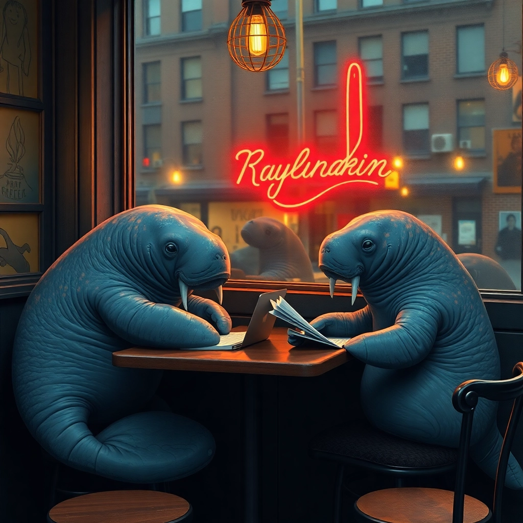 manatees writing their screenplay at a hipster Brooklyn cafe, photorealistic