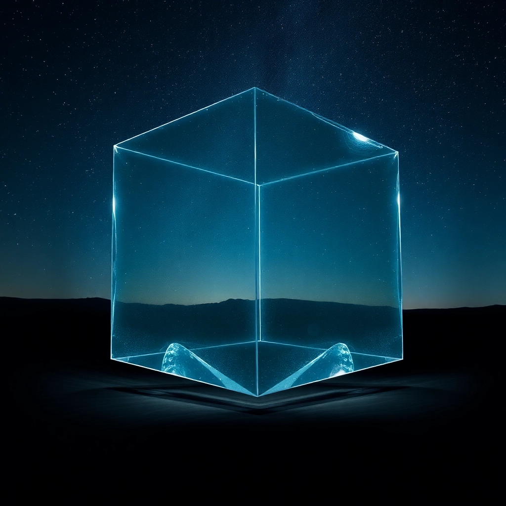 glass hypercube hovering in the desert night sky
