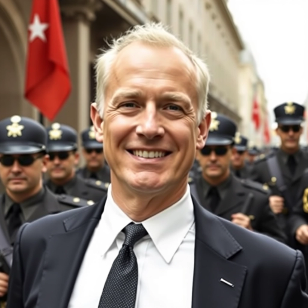 Bland white guy, suit and tie, smiling. Fascist troops in the background