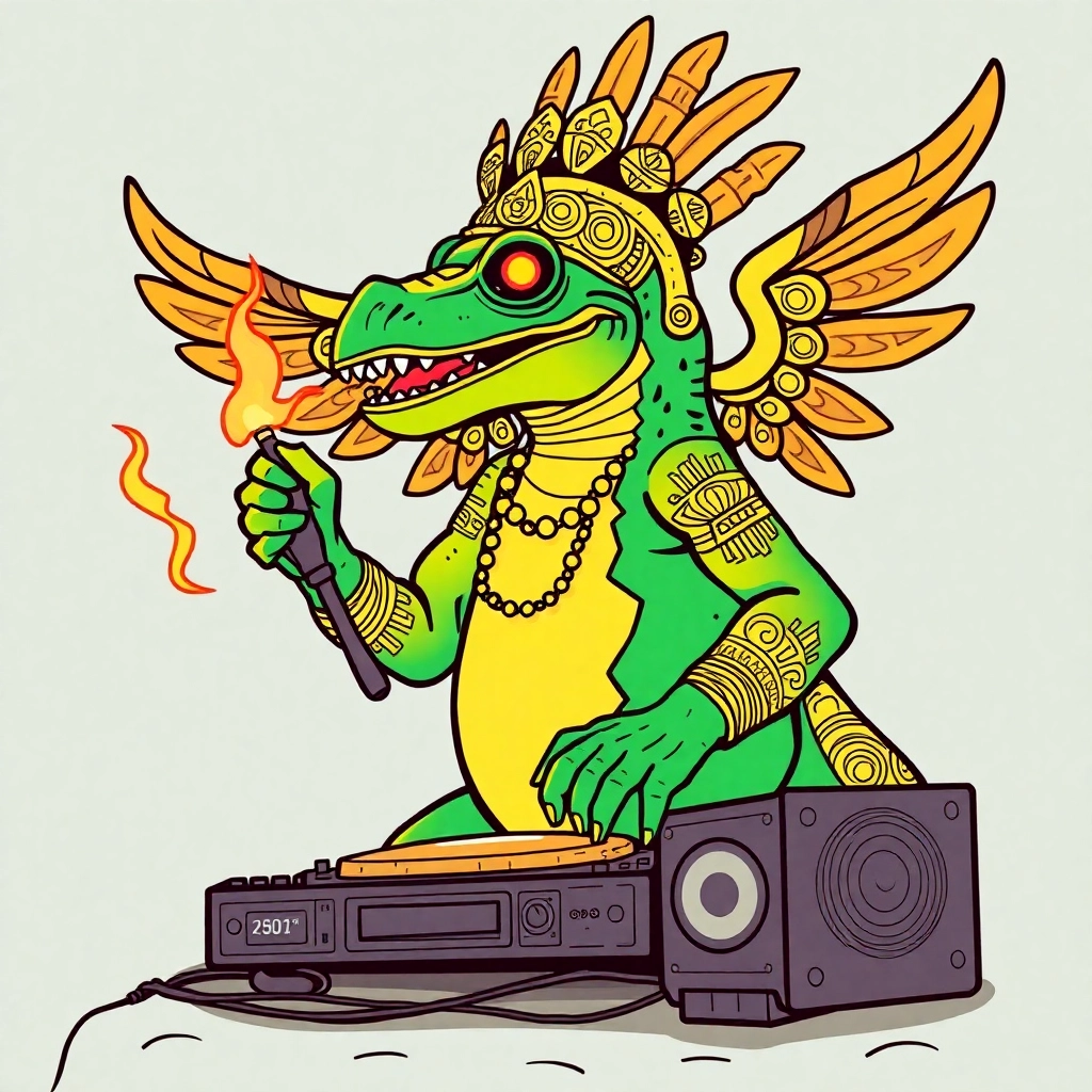 Elder God Salamander djing a festival, in an Aztec art style