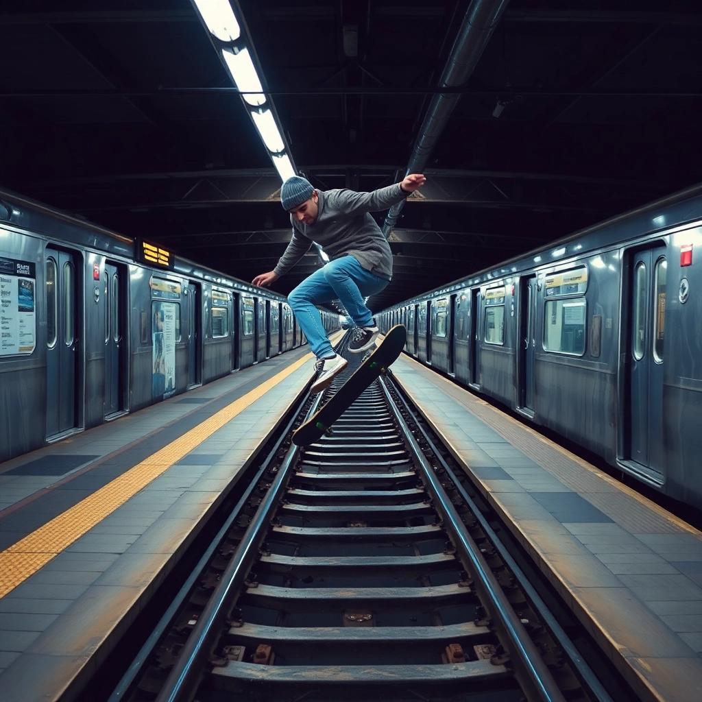 kickflipping a skateboard over a nyc subway track between two platforms in a station