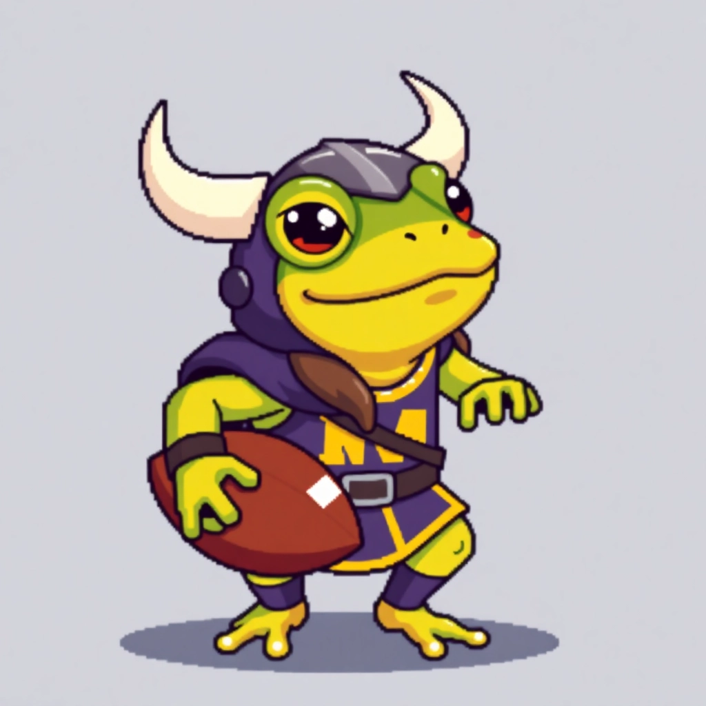 Cute frog dressed as a viking, playing American football for Minnesota, 8bit pixel art avatar