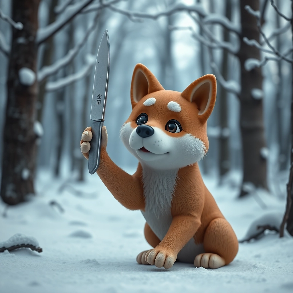 a korean jindo dog with caramel fur with tiny paws and the betrayed expression of a scorned lover in a wintery and snowy forest holding up a single knife , 3d claymation
