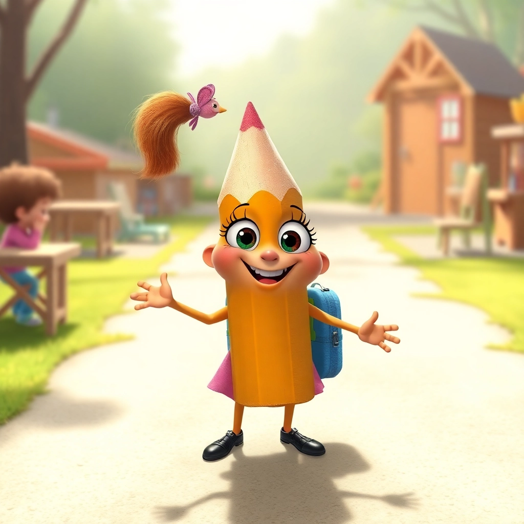 anthropomorphic pencil the end of her first day in preschool and it’s giddy Pixar style