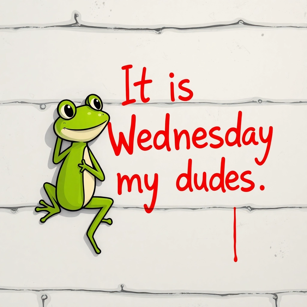 cartoon frog writing on a wall: 