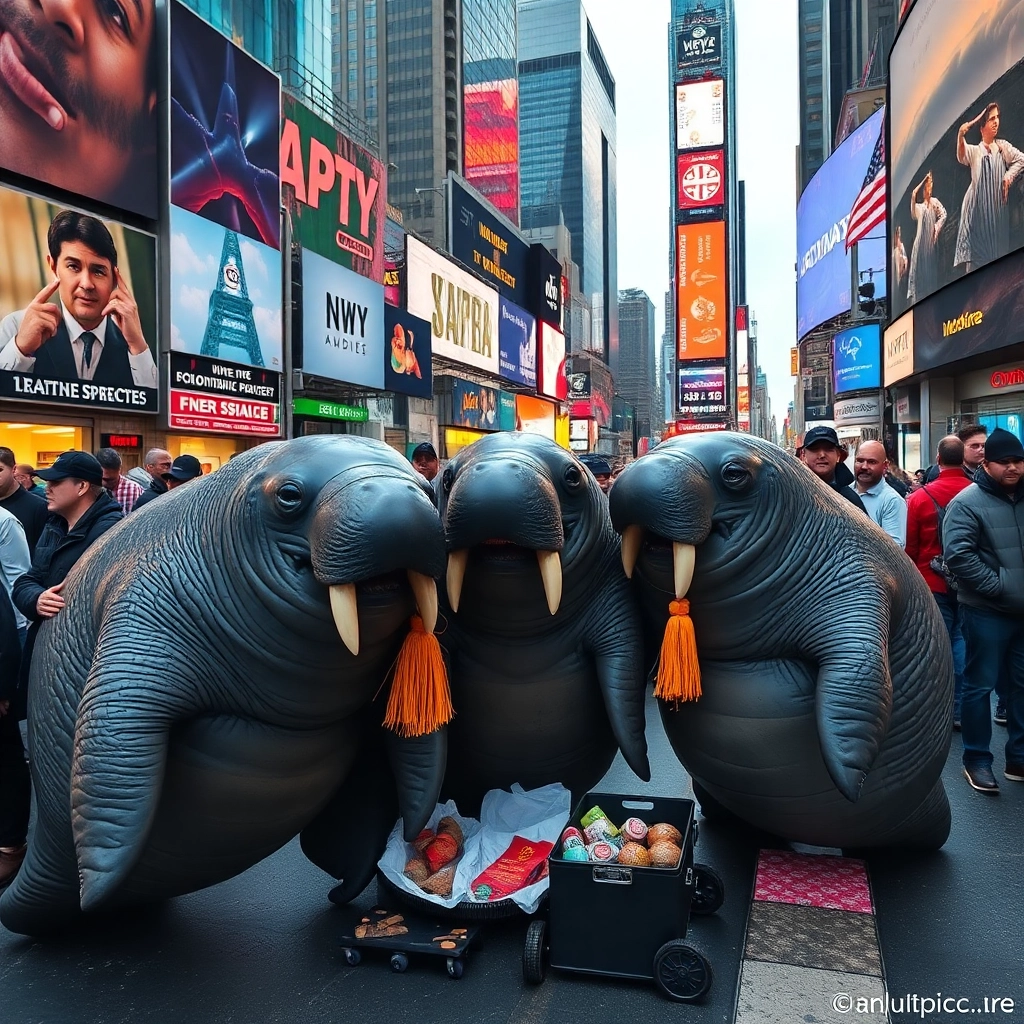 manatees trying to sell their wares at Times Square in NYC, photorealistic