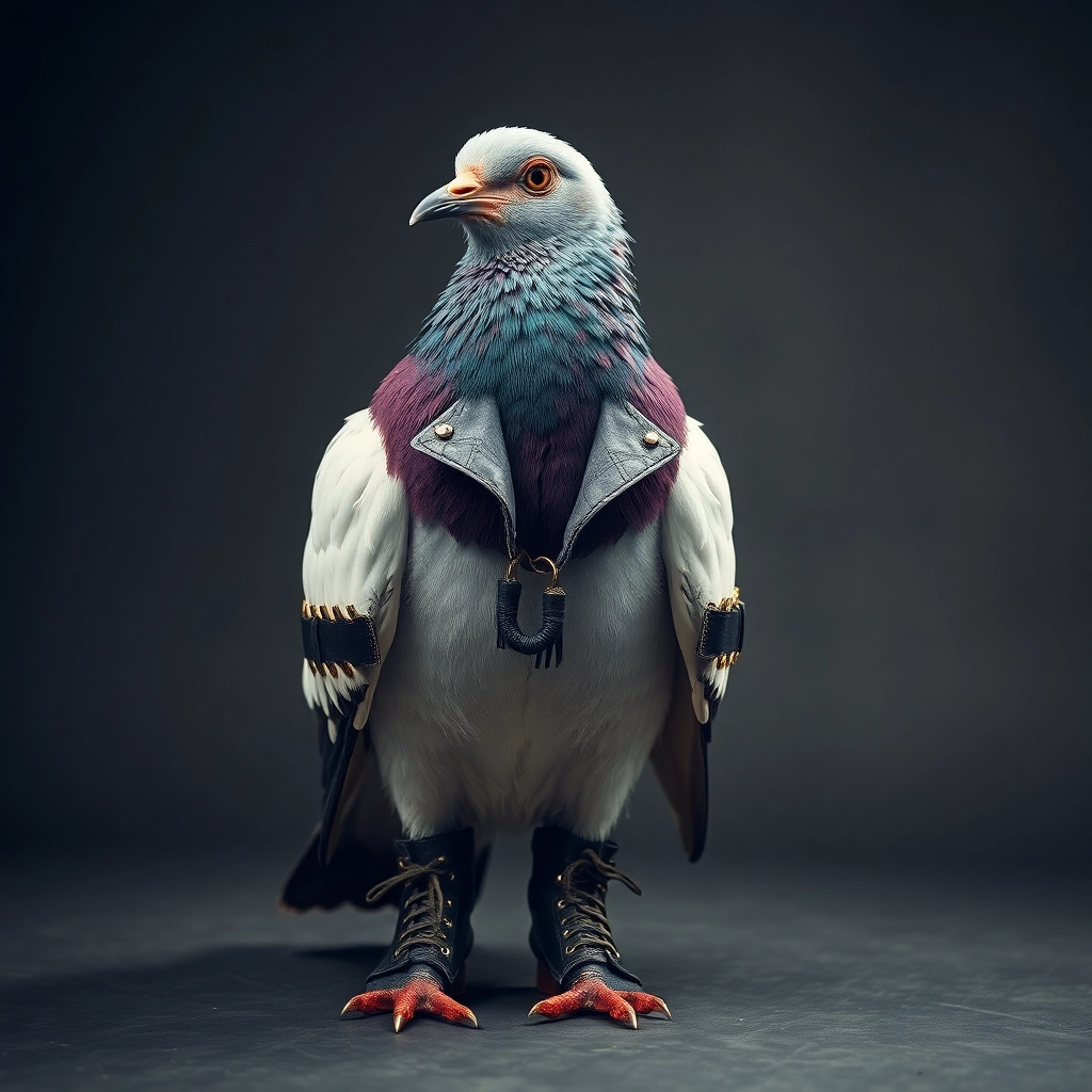 Pigeon dressed in punk clothing, piercings, studded leather, combat boots