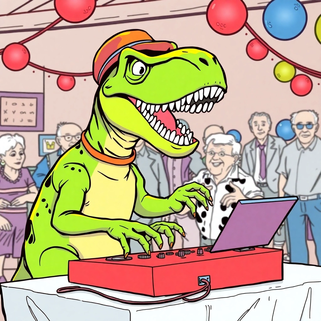 T-Rex from Toy Story djing a senior citizen spring dance, Calvin & Hobbes style