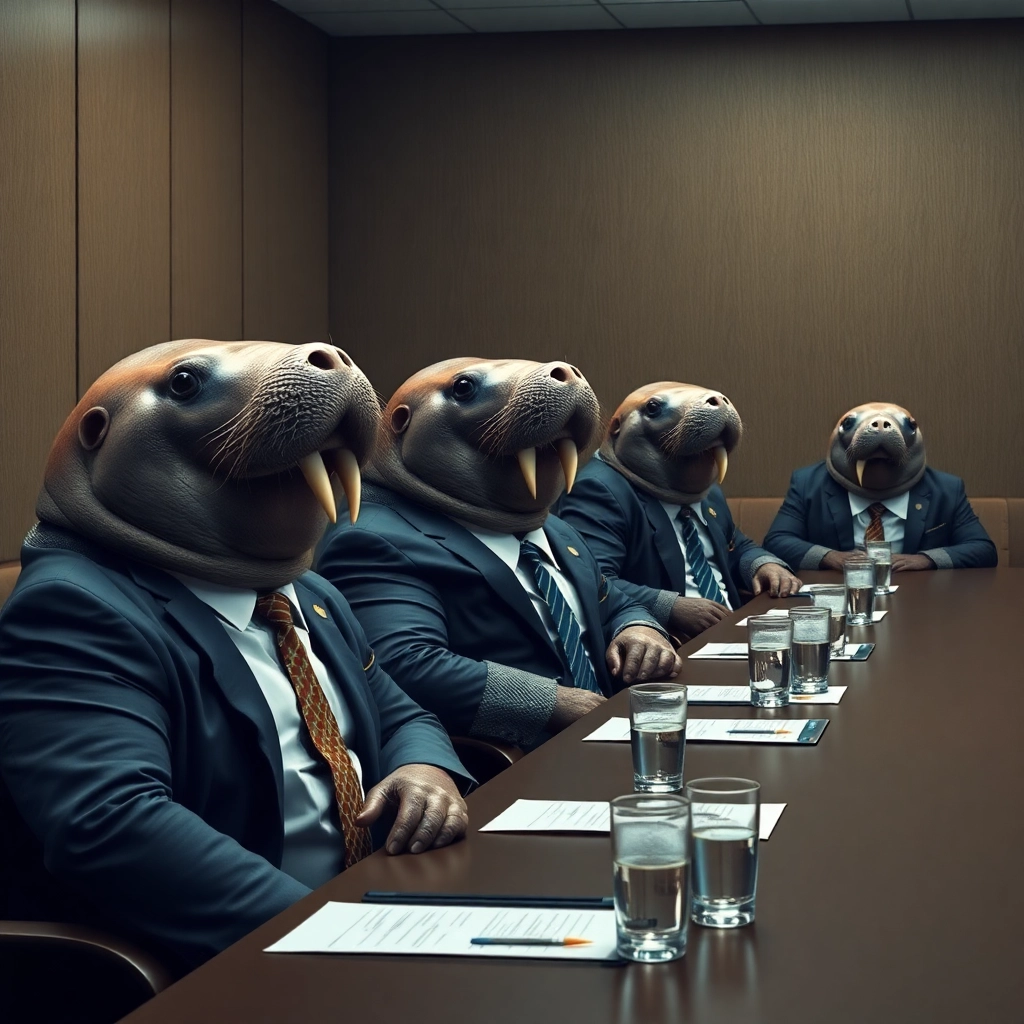 manatees wearing office attire, at a board meeting, photorealistic