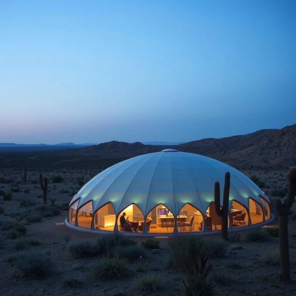 Butterhaus earthship in the desert at dusk
