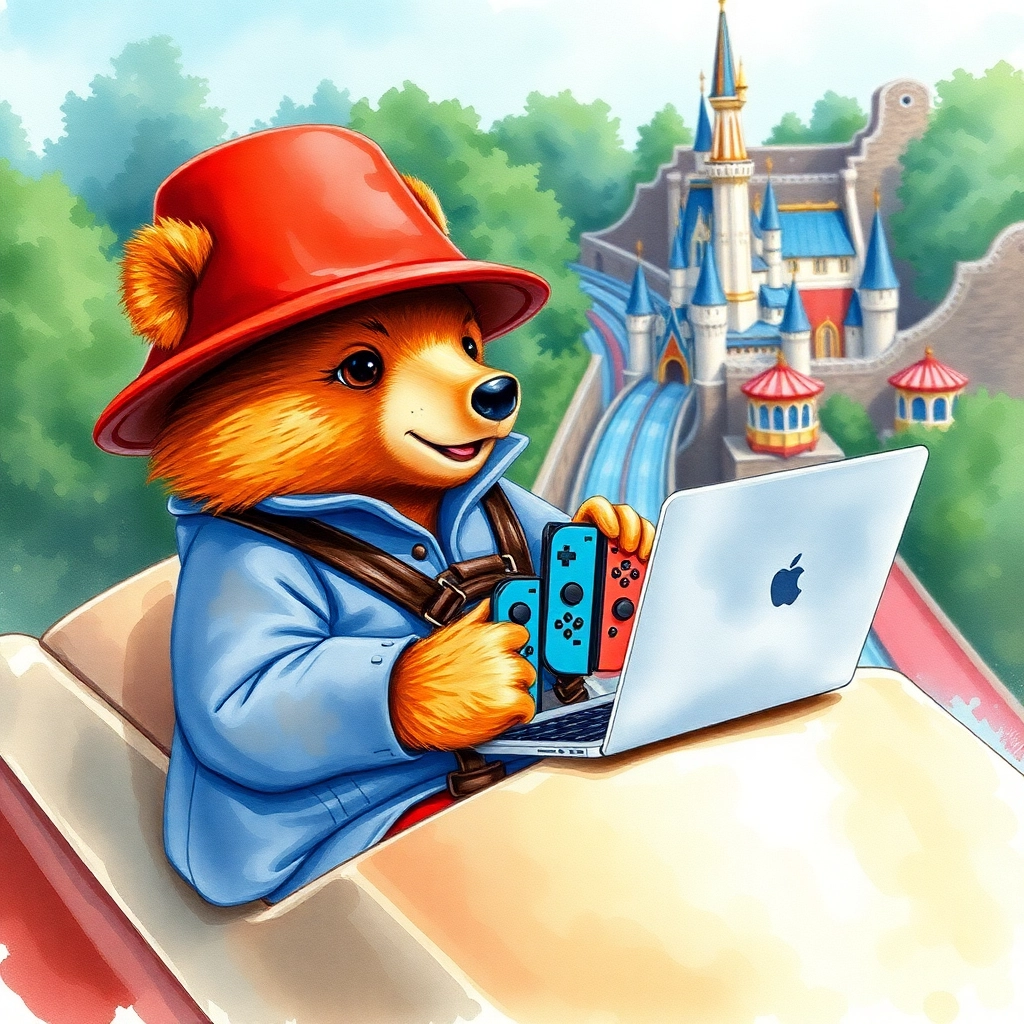 Paddington riding the Splash Mountain at Disney World, holding a nintendo switch and a Macbook, watercolor