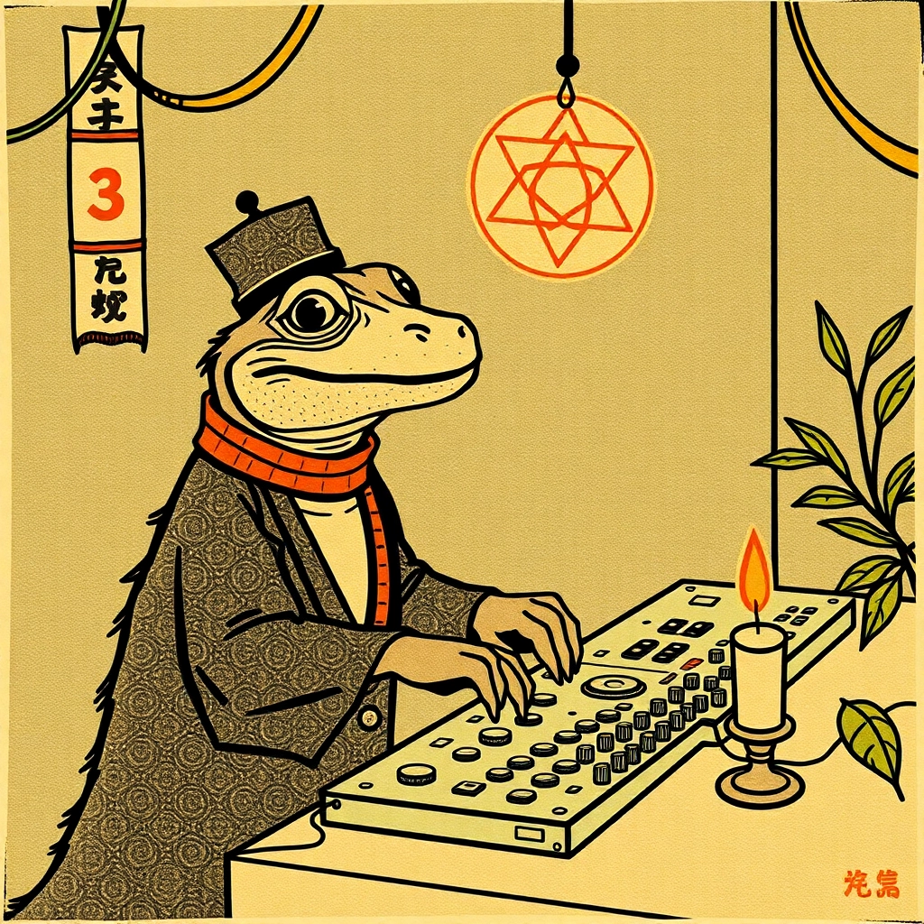 Salamander djing a batmitzvah in a Japanese woodblock style