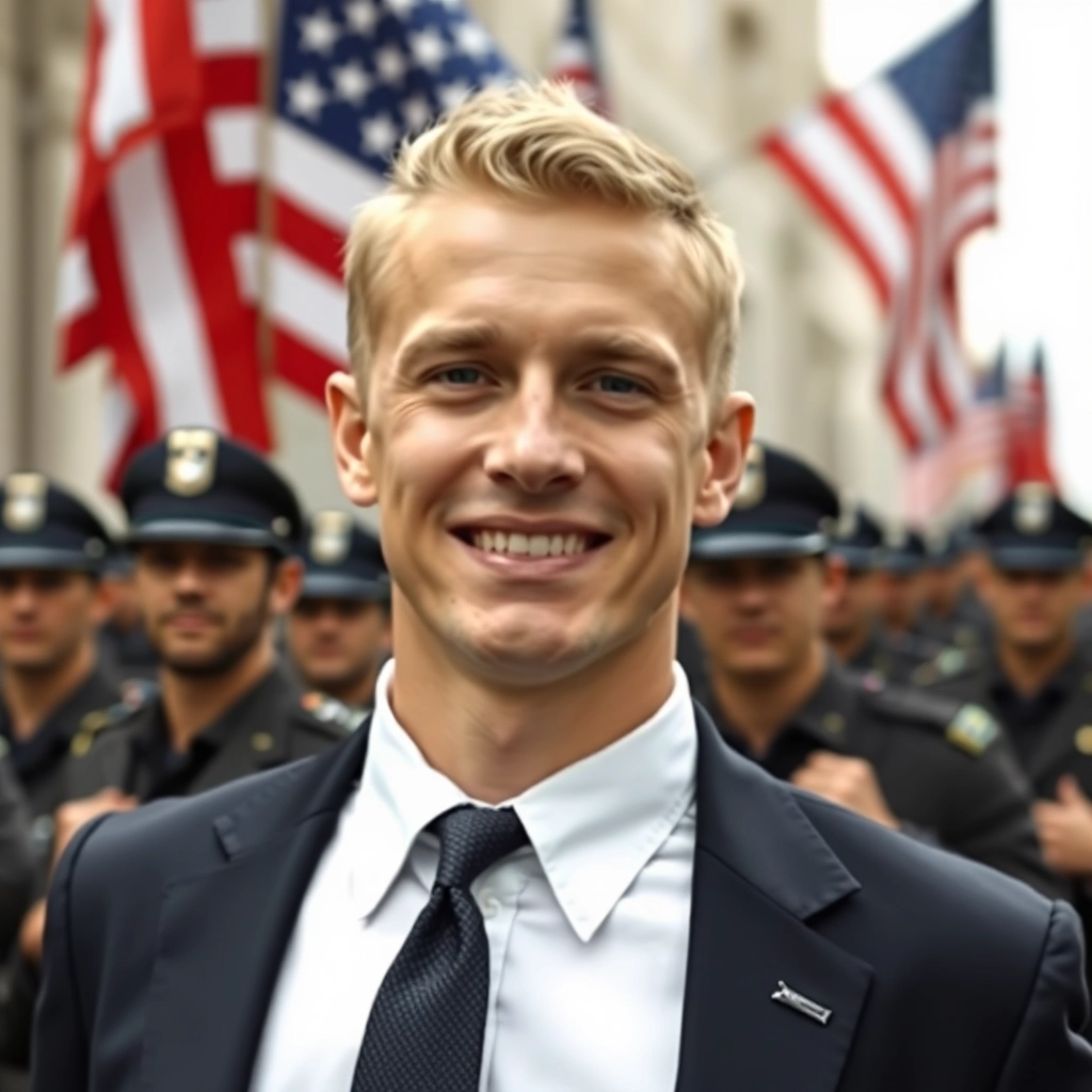 Bland white guy mid-20s, suit and tie, smiling. Fascist troops in the background with American flag