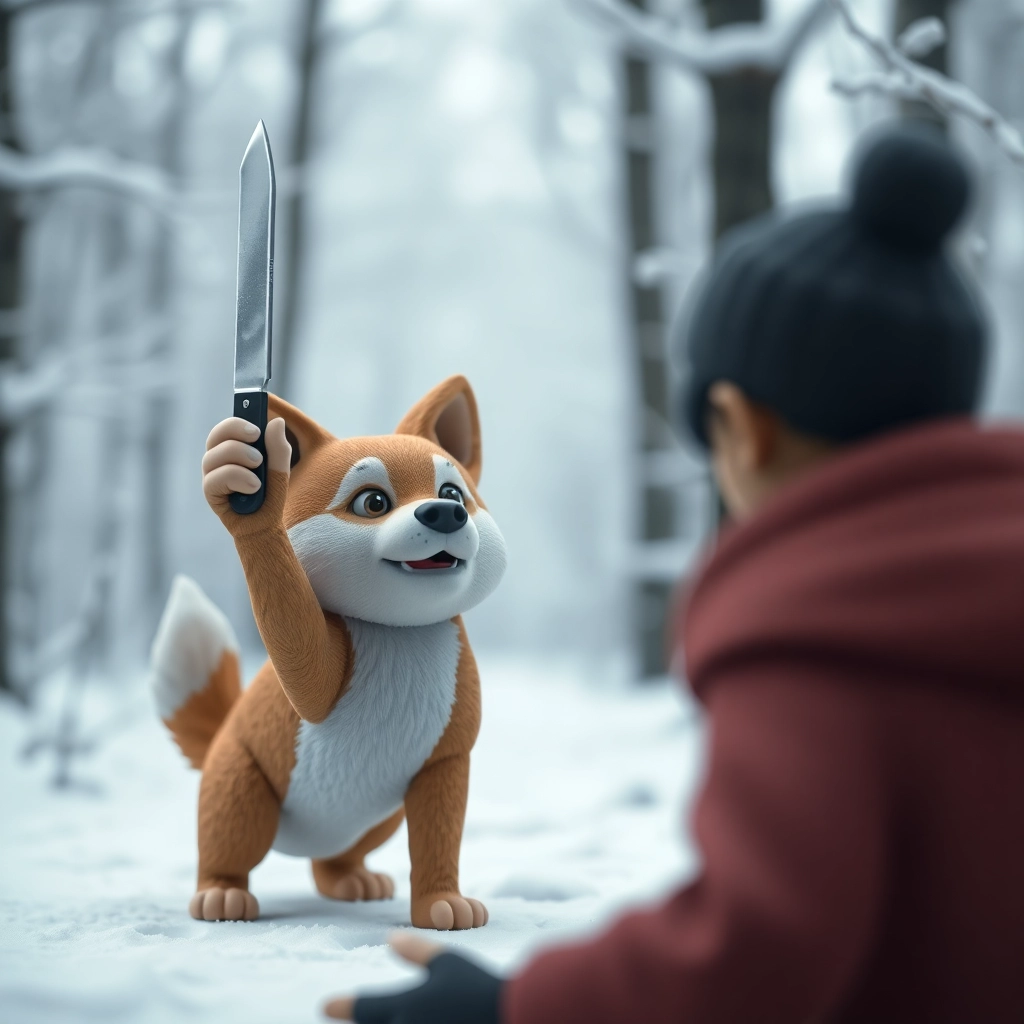 a korean jindo dog with caramel fur with tiny paws and the betrayed expression of a scorned lover in a wintery and snowy forest holding up a single knife, 3d claymation. The jindo's lover, who scorned him, should be wailing on their knees but blurred in full view within the background behind it.
