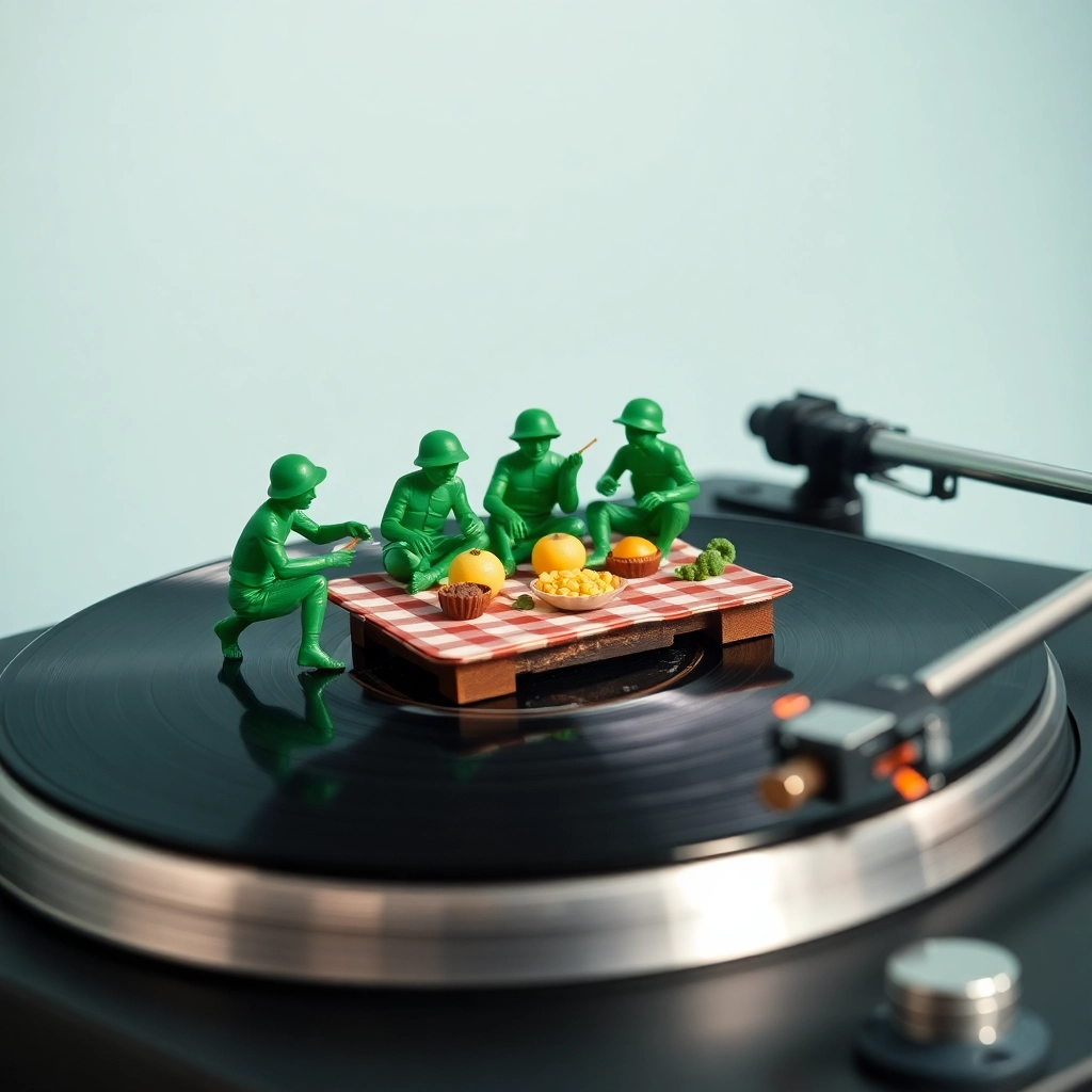 green army men having a picnic on a vinyl record while it plays on a turntable
