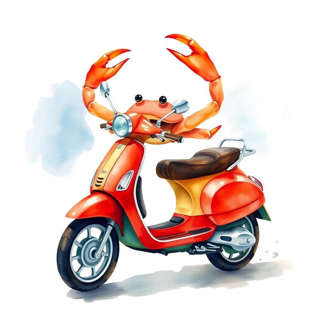 crab riding a vespa watercolor style