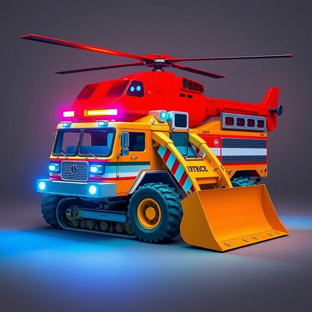 Bulldozer that looks like a firetruck that looks like a helicopter