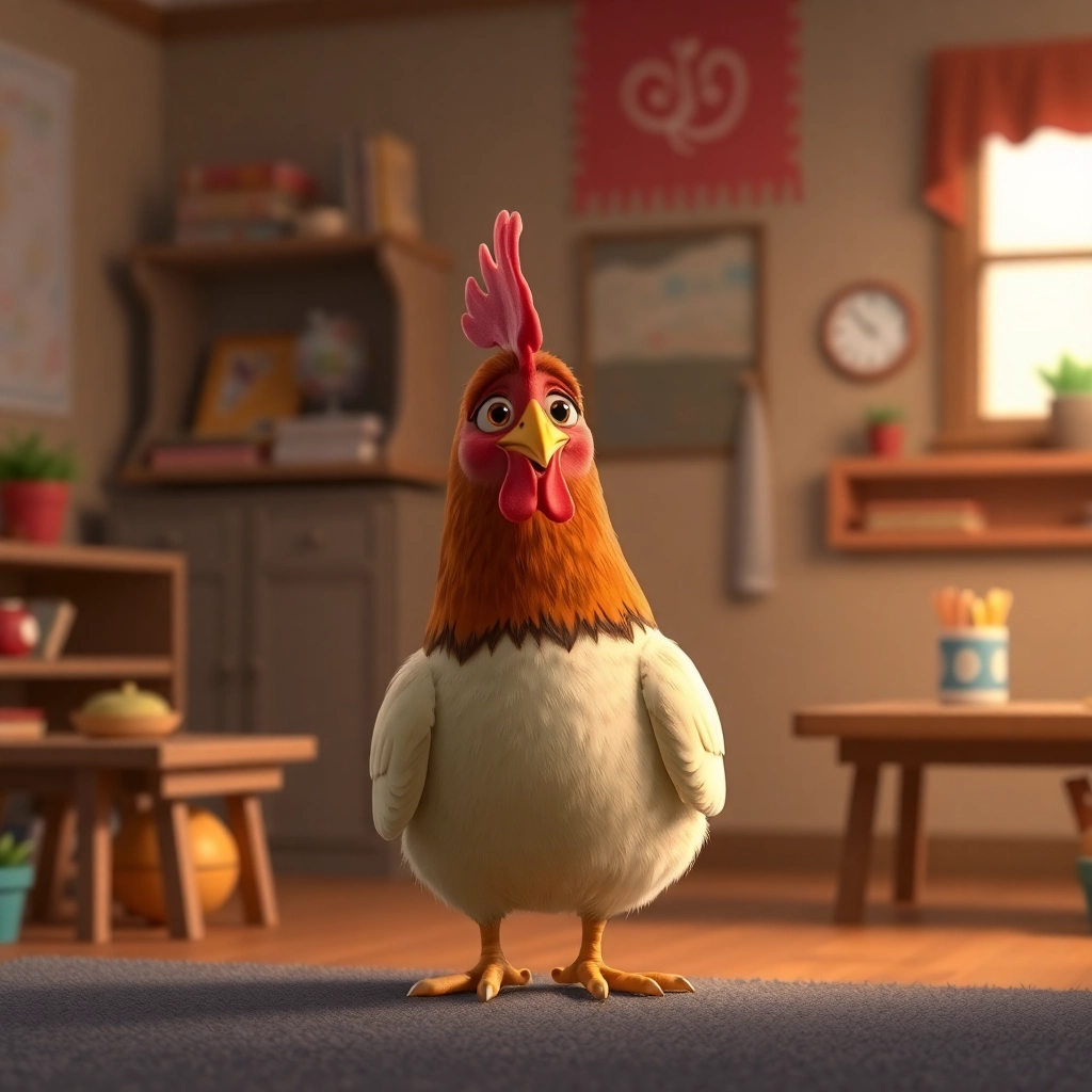 hen at the end of her first day teaching preschool and she's tired, Pixar style