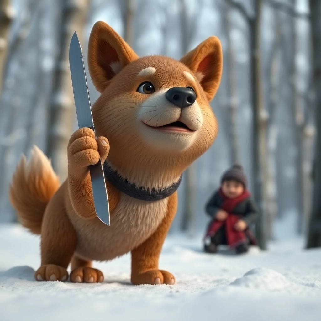 a korean jindo dog with caramel fur with tiny paws and the betrayed expression of a scorned lover in a wintery and snowy forest holding up a single knife, 3d claymation. The jindo's make lover, who scorned him, should be wailing on his knees but blurred in full view within the background behind it.