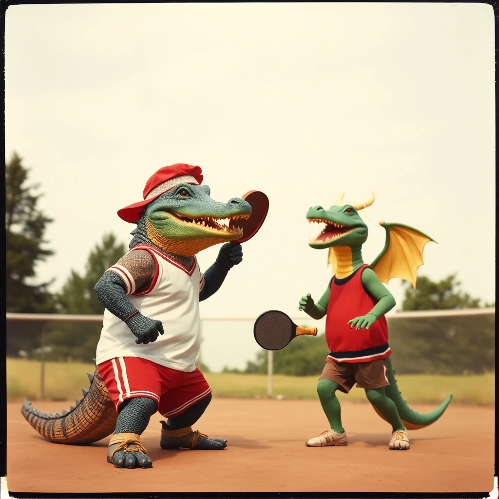 Crocodile and Dragon playing pickleball in vintage 70s athletic clothes Polaroid