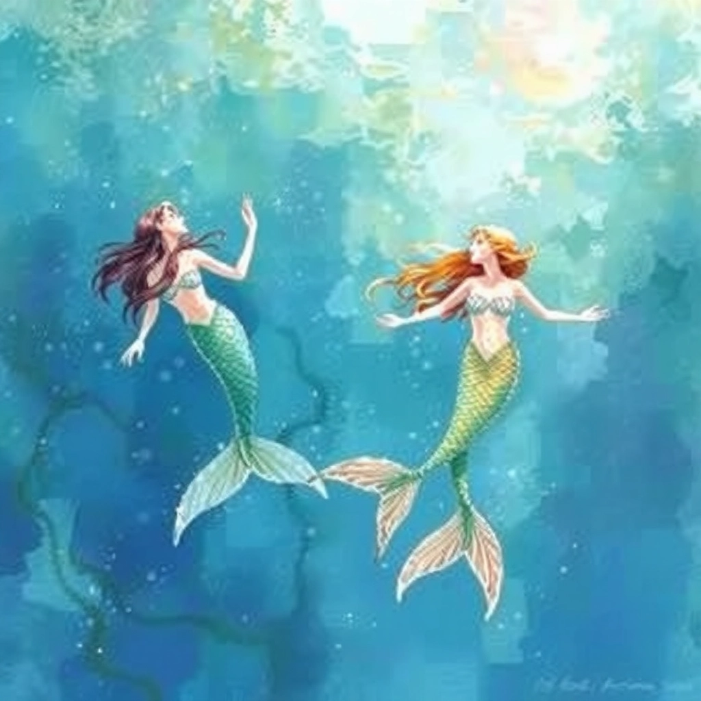 Mermaids frolicking, watercolor impressionist, monet