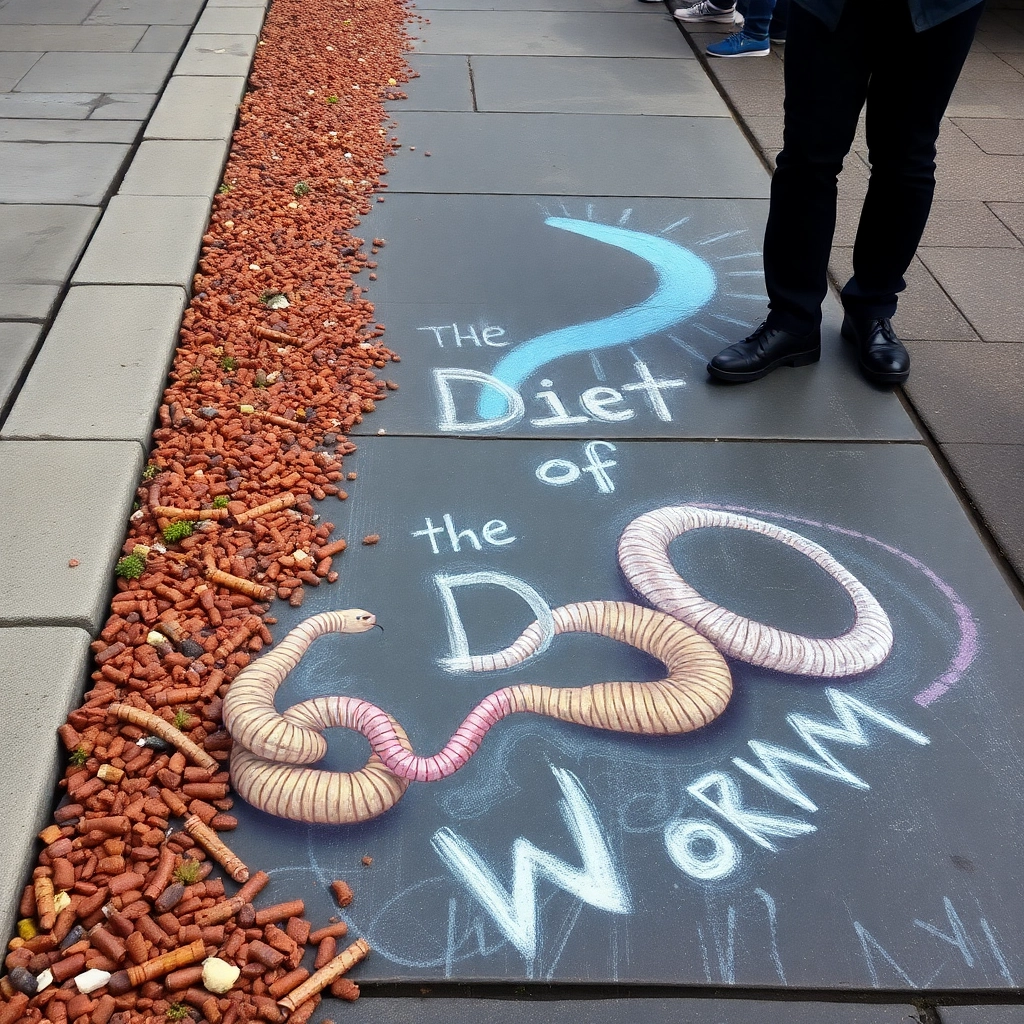 The diet of worms, chalk illustration on sidewalk