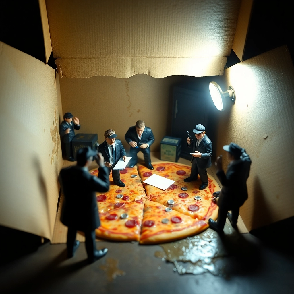 A realistic miniature crime scene set inside an empty, greasy cardboard pizza box. Realistic miniature human detectives in suits and coats investigate the area using flashlights, magnifying glasses, and notepads.
