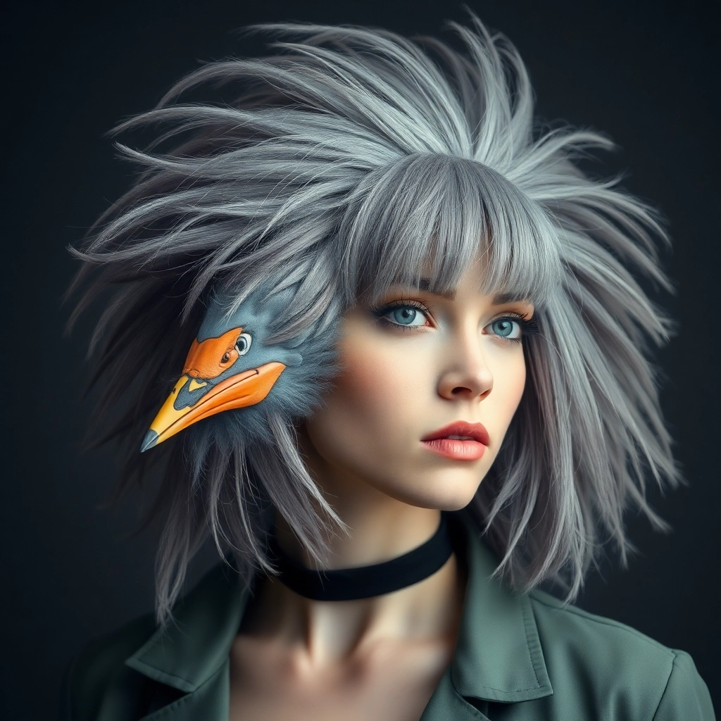 Punk woman with hair that looks like a pigeon, gray swoop of feathers with a beak