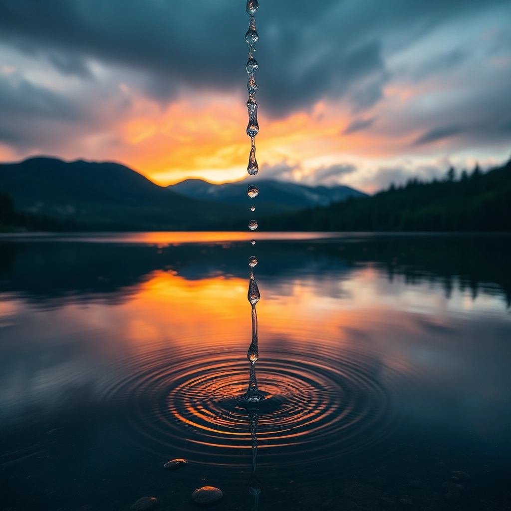 last drop of rain falling into a lake