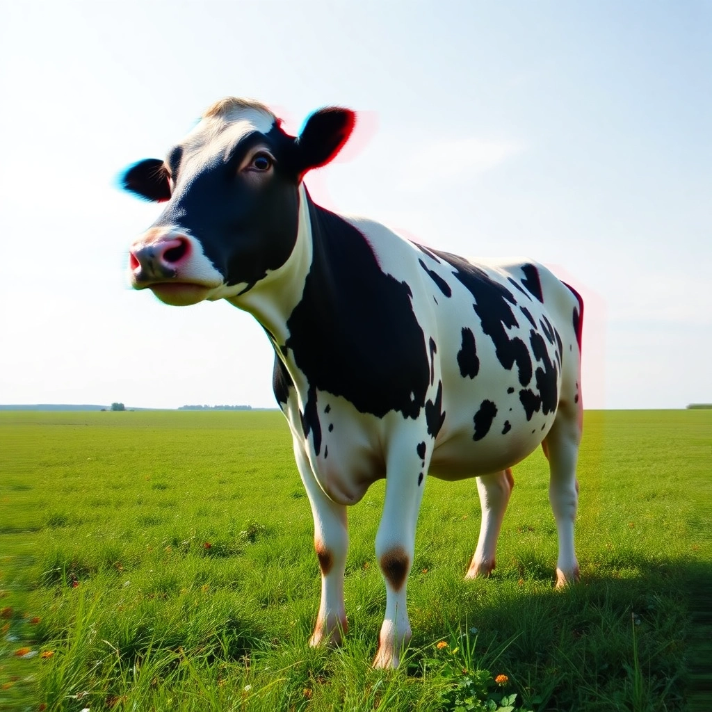 glitch art photo of a dairy cow in a green field, surreal
