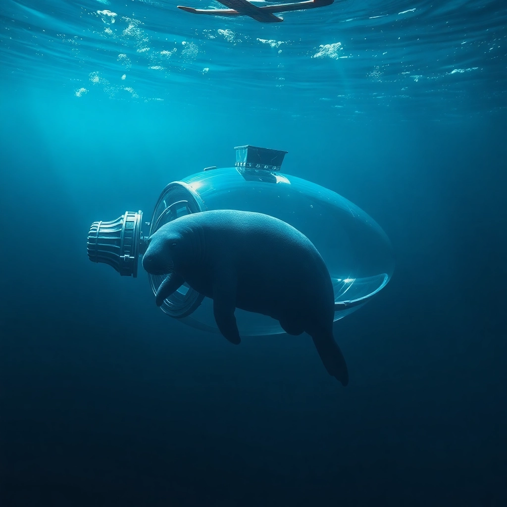 glass spacecraft exploring the ocean depths. Also, there's a manatee