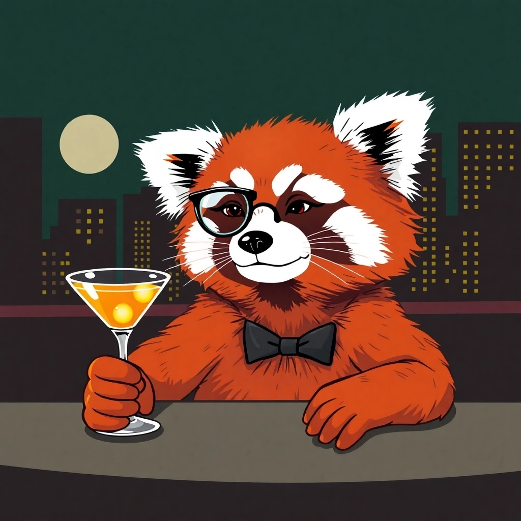 the next great late night host: a red panda with a monocle, winking holding a manhattan cocktail