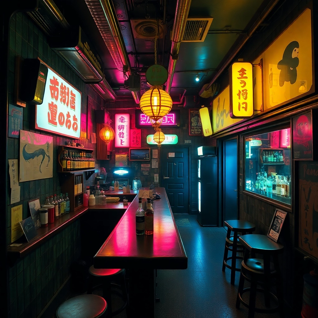 hidden bar in Tokyo, cyberpunk vibes