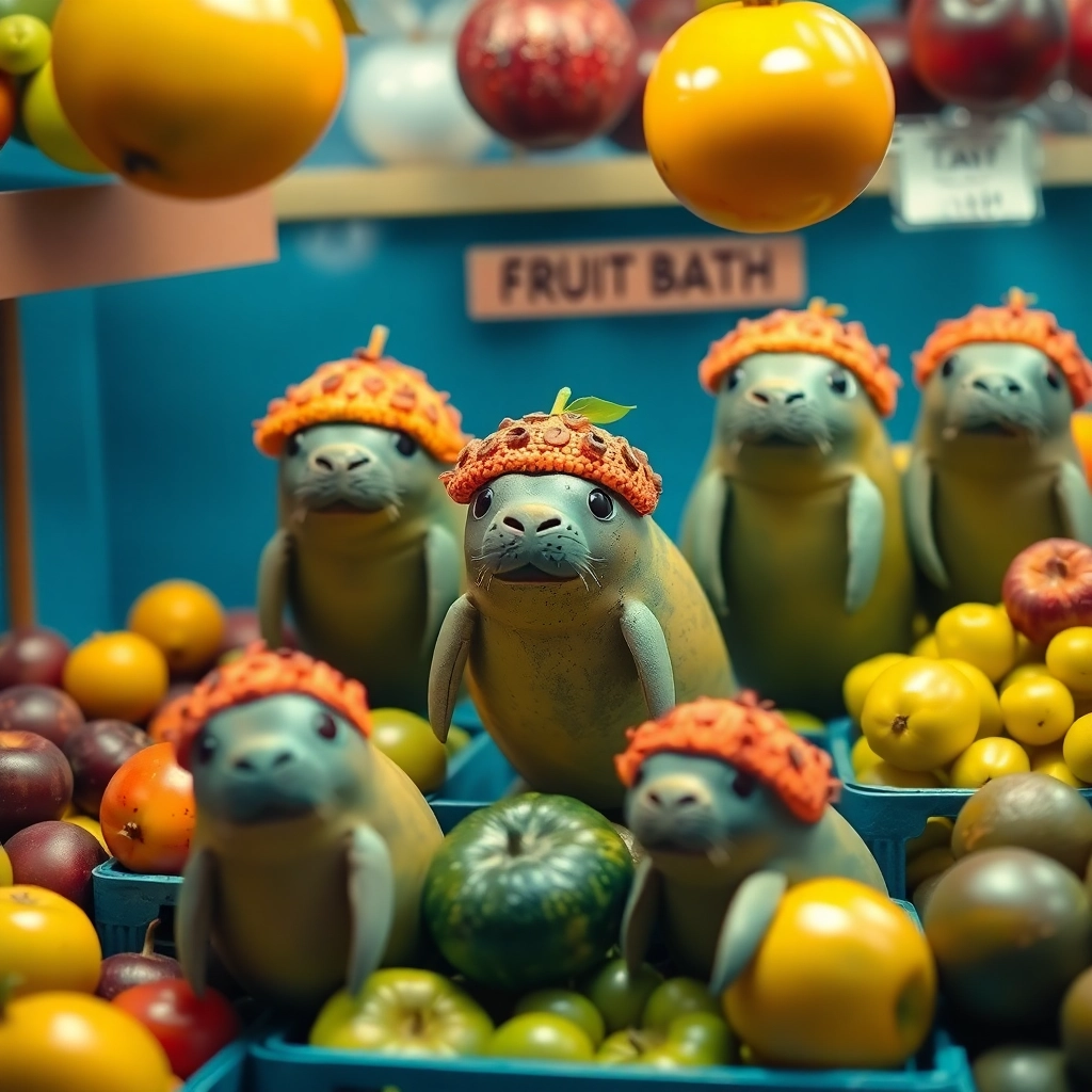 a fruit stand, where all the fruits are actually tiny manatees dressed as the fruit
