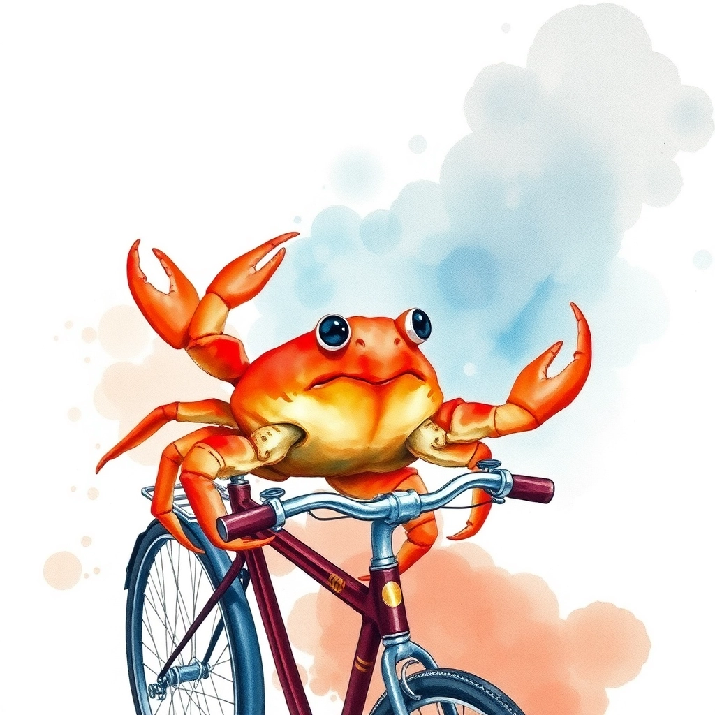 crab riding a bike watercolor style