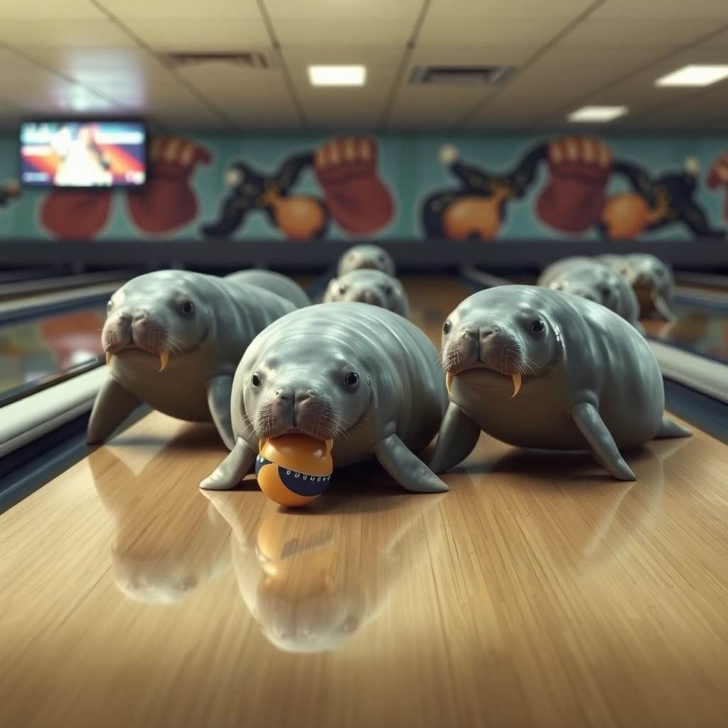 manatees at a bowling alley, photorealistic